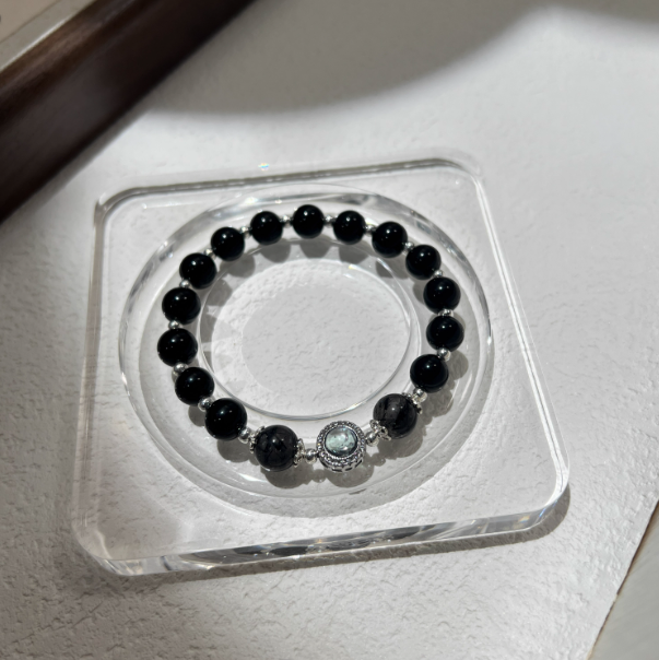 Aqua Fortune Guardian – Black Obsidian & Rutilated Quartz Bracelet with Aquamarine Center