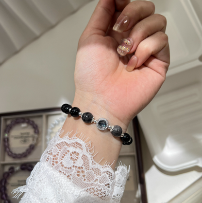 Aqua Fortune Guardian – Black Obsidian & Rutilated Quartz Bracelet with Aquamarine Center